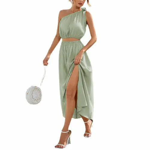 Women's Fashion Oblique Shoulder Bow Knot Suit Slit Swing Dress Two Pi Amazing Hot Prices For You