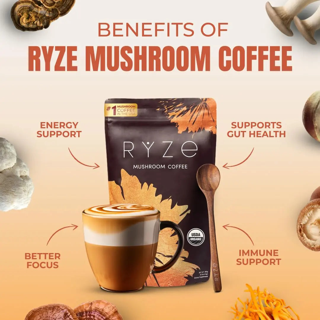 RYZE n Shine Bundle, USDA Organic RYZE Mushroom Coffee + Probiotic Coffee Creamer with 6 Adaptogenic Mushrooms and MCT Oil or Better Energy, Focus, Digestion, Immunity with Turkey Tail, 60 servings