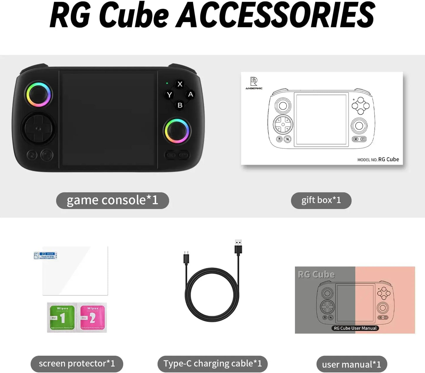 Doriteney RGCube Handheld Game Console Android 13 Game Player 3.95" IPS 128GB TF Card Unisoc T820 RGB Lighting(Black)
