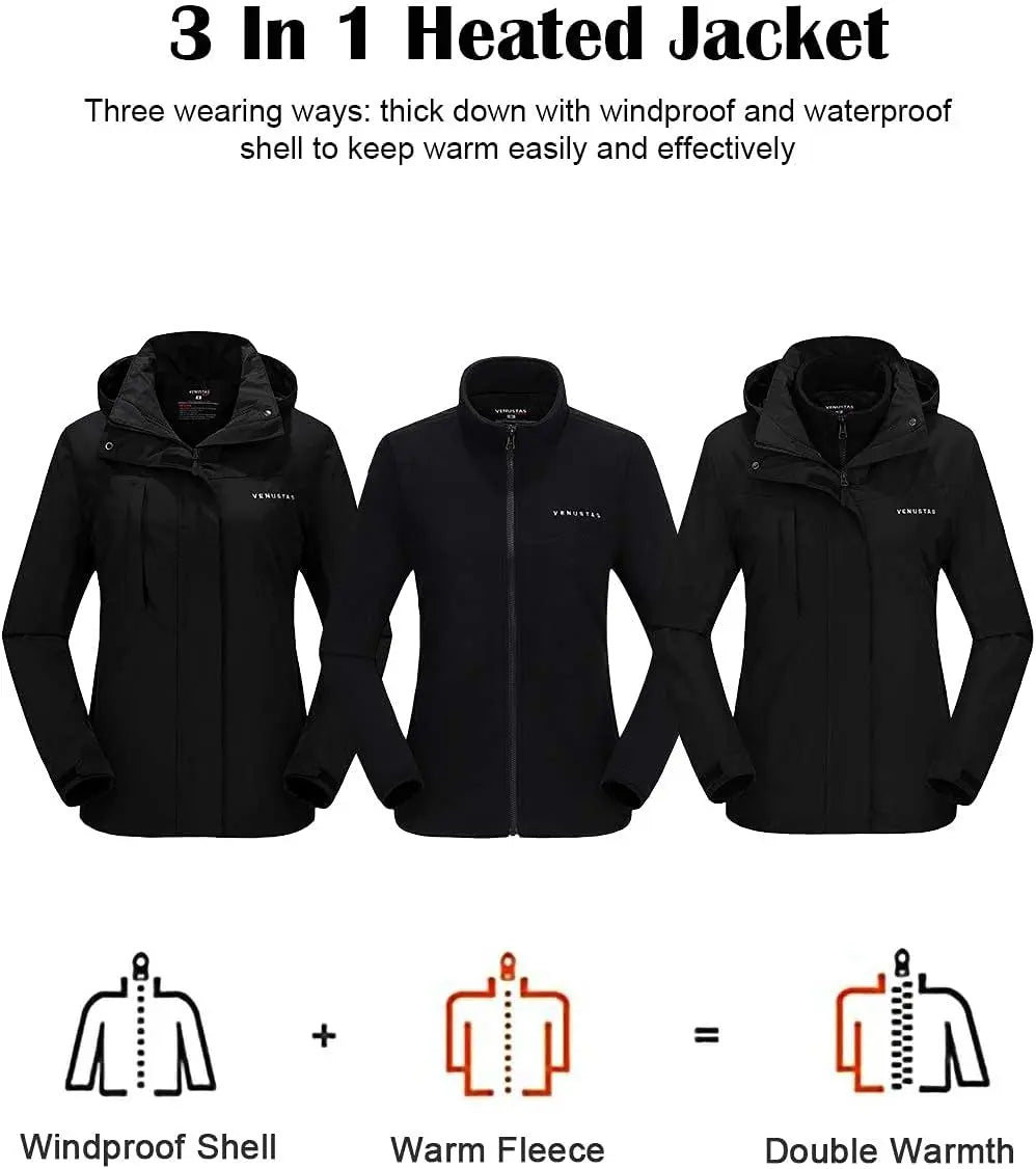 Venustas Women’s 3-in-1 Heated Jacket with Battery, Waterproof Jacket with Hood for Skiing - Amazing Hot Prices For You
