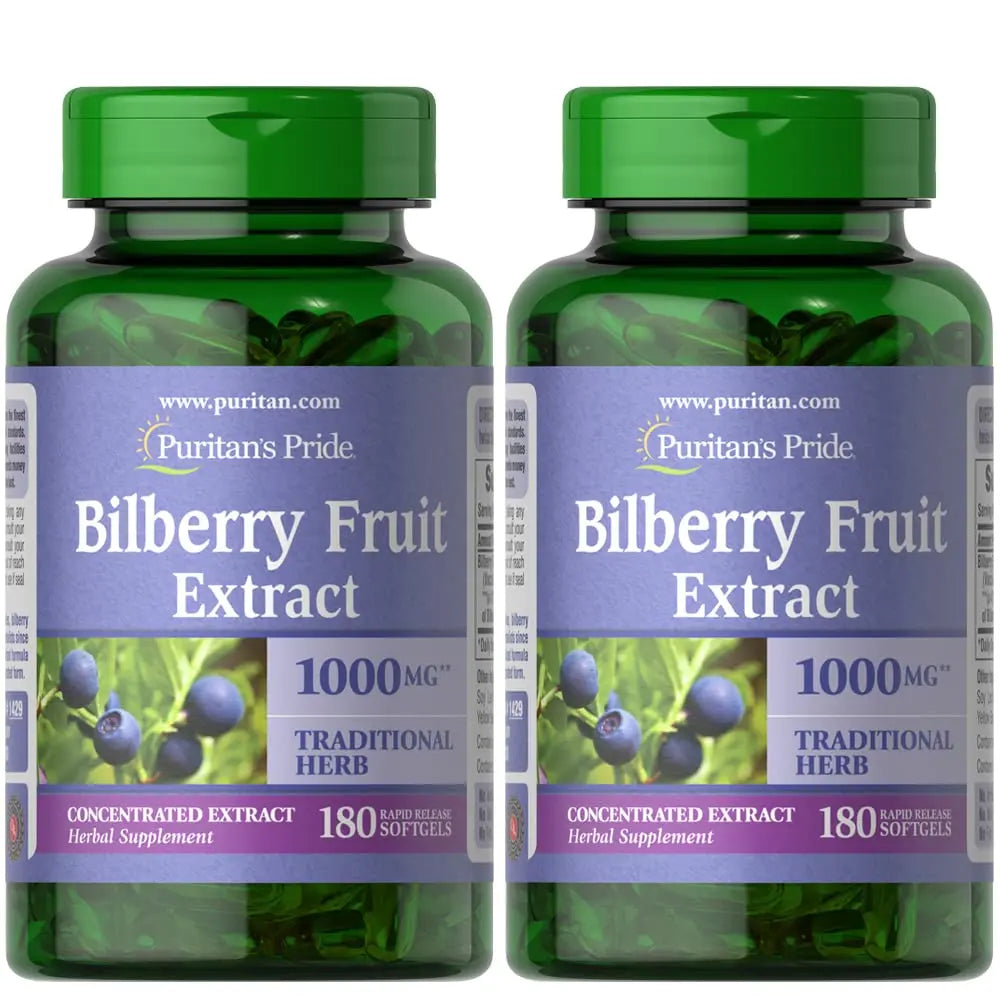Puritan's Pride Premium Bilberry Fruit Extract 250 mg (1000mg Equivalent), 4:1 Concentrated Herbal Supplement, Vitamin C, 3 to 6 Month Supply, 180 Rapid Release Softgels, Packaging May Vary