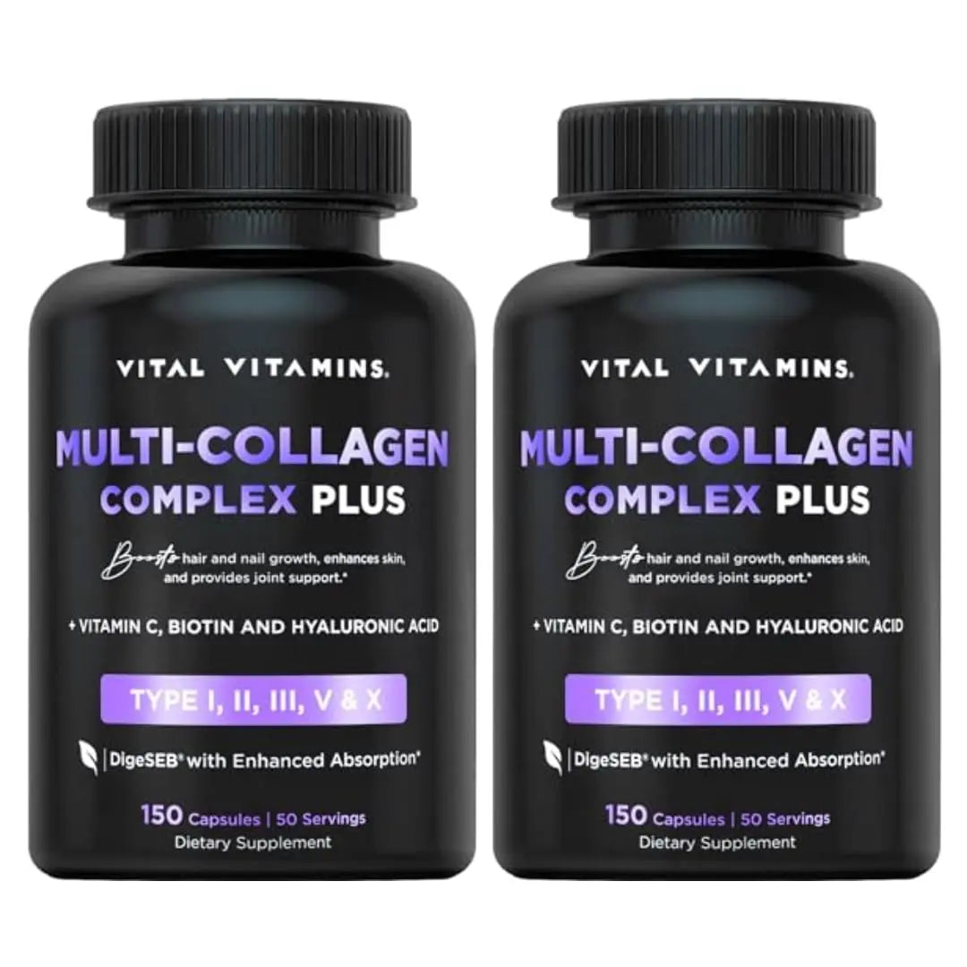 Vital Vitamins Multi Collagen Pills for Women & Men (2-Pack) - Hydrolyzed Collagen Peptides - Type I, II, III, V, X - Grass Fed, Non-GMO