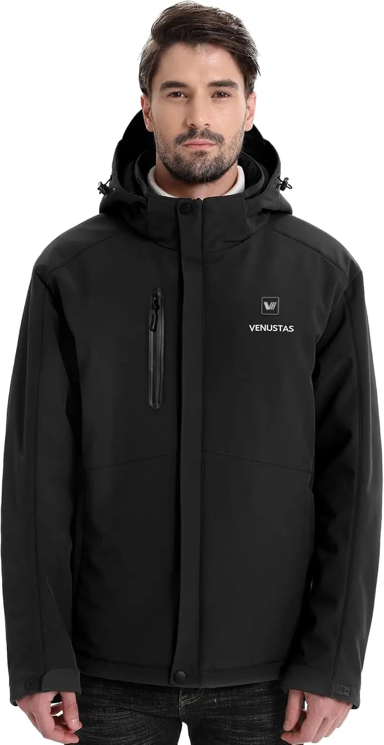 Venustas Men's Heated Jacket with Battery Pack, Windproof Electric Insulated Coat with Detachable Hood
