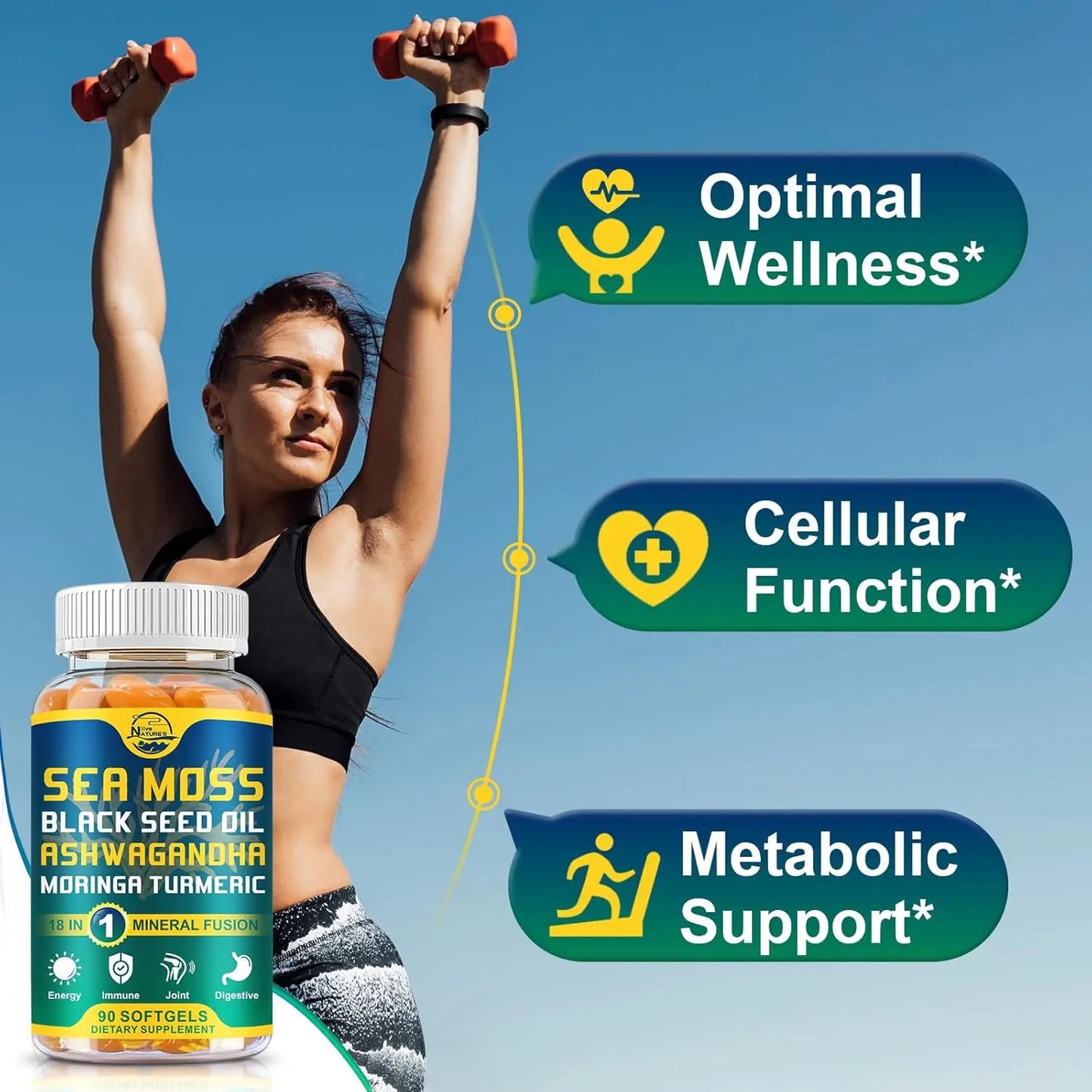 Nature's live Organic Sea Moss Softgels, with Black Seed Oil, Ashwagandha, Bladderwrack, Ginger, Burdock Root, Manuka Honey, Cinnamon for Immune System, Skin, Energy, 90 Softgels, 1 Pack