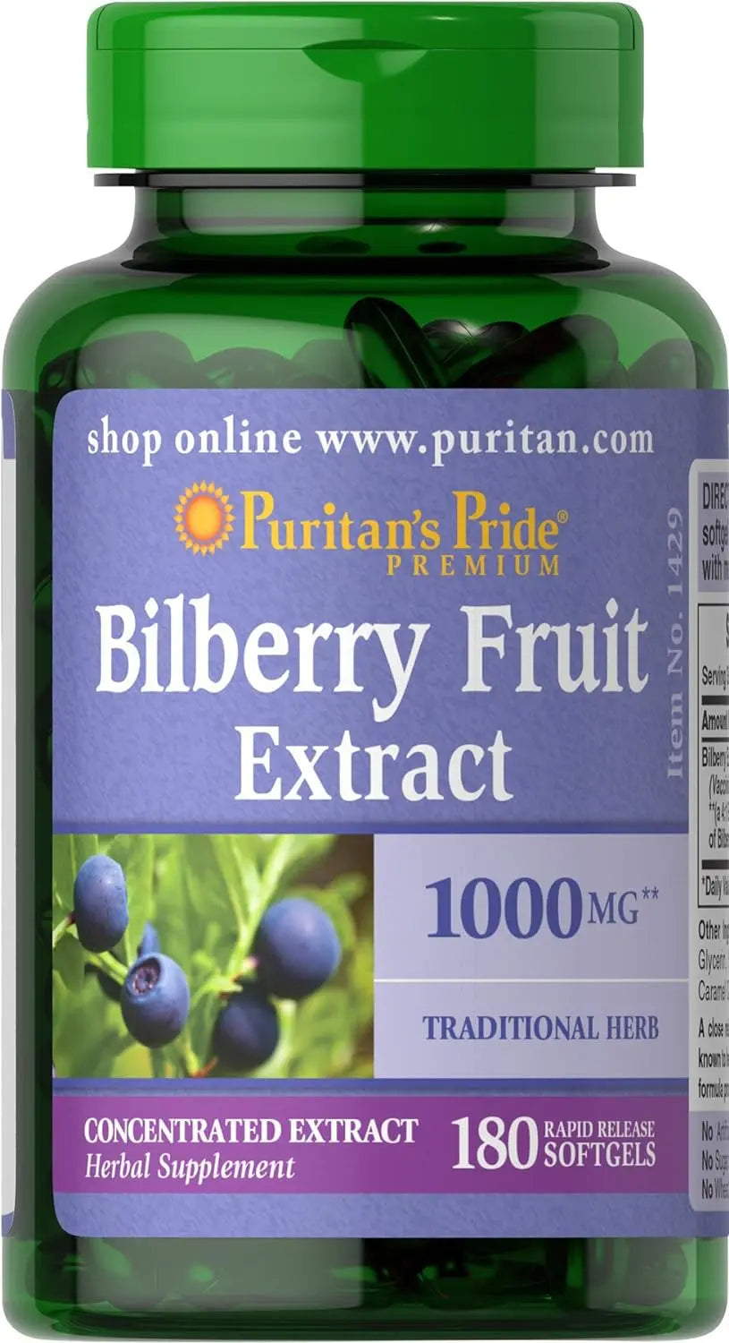 Puritan's Pride Premium Bilberry Fruit Extract 250 mg (1000mg Equivalent), 4:1 Concentrated Herbal Supplement, Vitamin C, 3 to 6 Month Supply, 180 Rapid Release Softgels, Packaging May Vary
