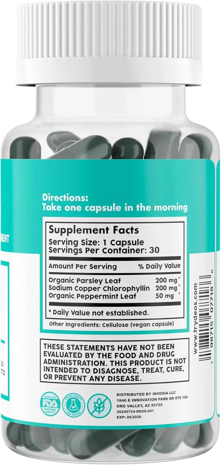 DEOS Internal Deodorant Supplement – Full Body Deodorizer for Gut Health, Skin Health, Detox & Digestion Support – Natural Odor Control Chlorophyll Pills for Head-to-Toe Freshness | 30 Capsules