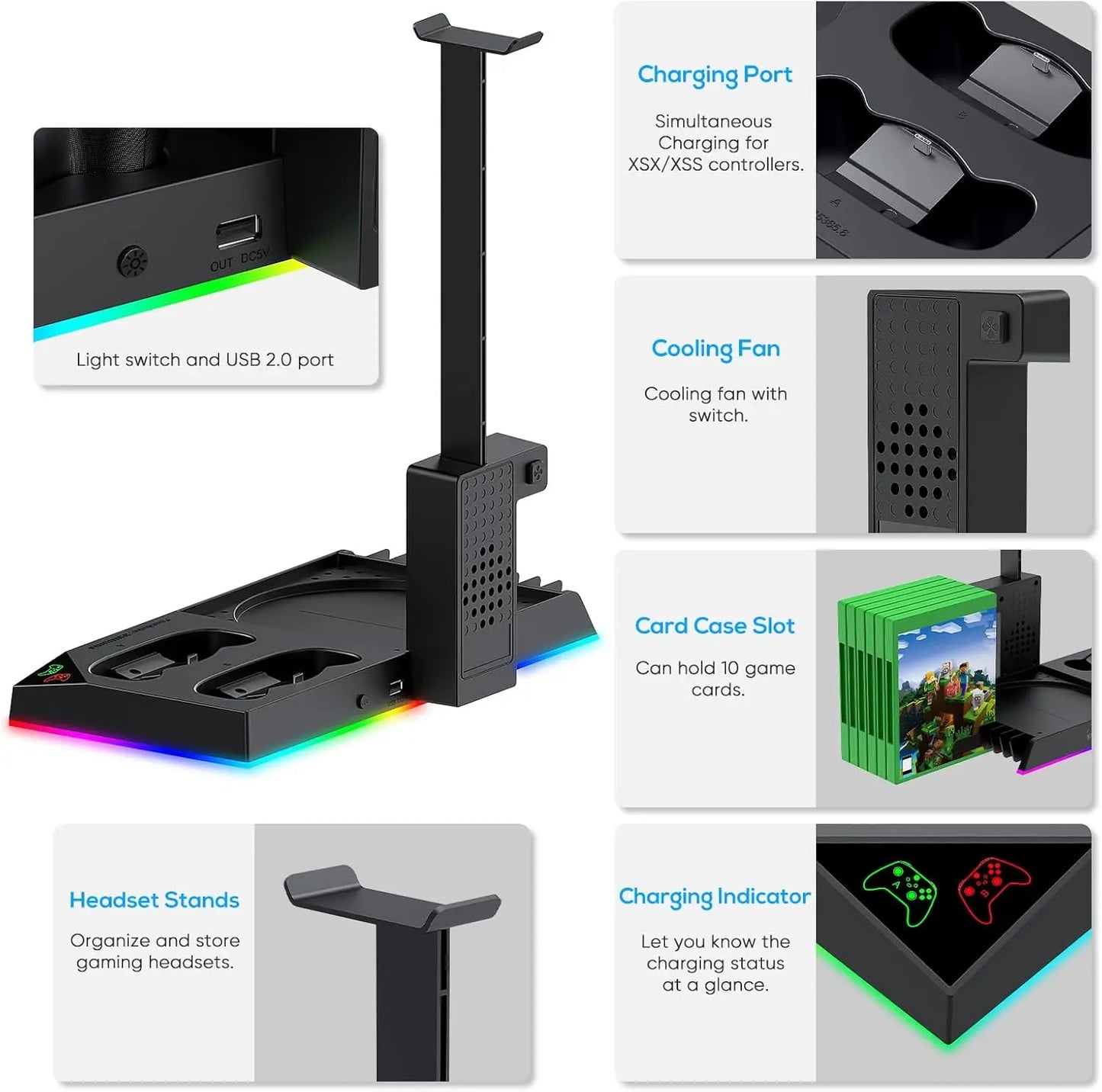 RGB Charging Stand with Cooling Fan for Xbox Series X Console &Controller,Dual Charger Station Cooler System Accessories with 15 RGB Light,2x1400mAh Rechargeable Battery,Headphone stand,Game Disc Slot