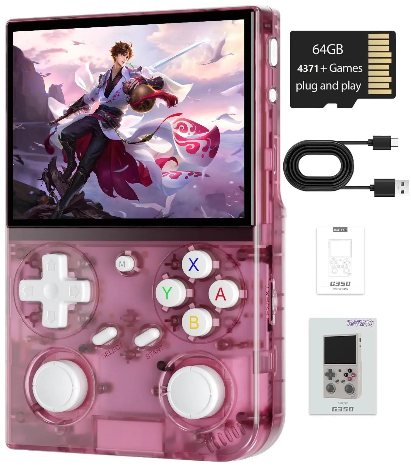 G350 Retro Handheld Game Console , 3.5 Inch IPS Screen Linux System Built-in 64G TF Card 4371 Games Preloaded Game Console 3200mAh Battery(Transparent Black)