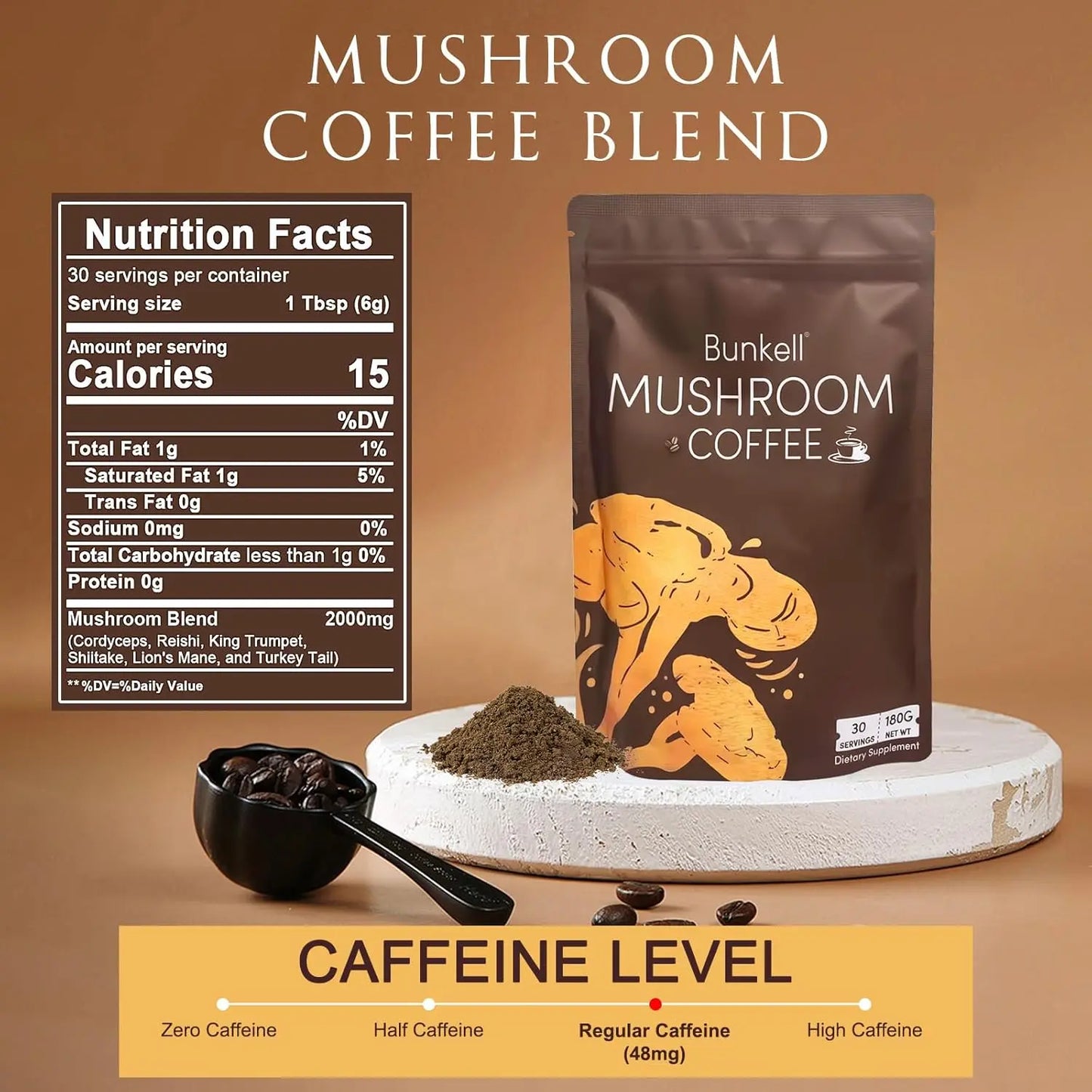 Mushroom Coffee, Organic 6 Mushrooms with Lion's Mane, Reishi, Cordyceps, Shitake, King Trumpet & Turkey Tail, Instant Coffee Powder for Energy, Digestion & Immune Support, 30 Servings 1 Pack