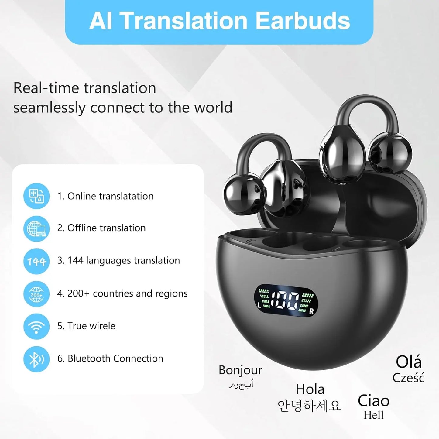 Language Translation Earbuds, 3-in-1 AI Real Time Translator Earbuds,Compatible with iOS & Android, Ideal for Travel, Work & Study-Black