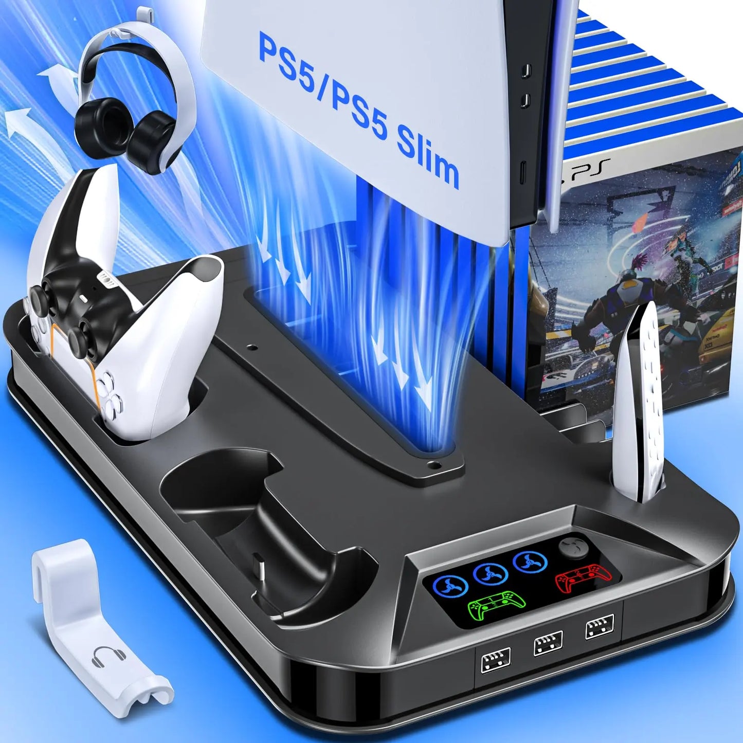 PS5/PS5 Slim Cooling Station with Controller Charging Station for Playstation 5 Slim&Standard Disc/Digital Console, PS5 Slim Stand Cooler Accessories Incl Cooling Fan/3 USB Hubs/Headset Holder/Screw