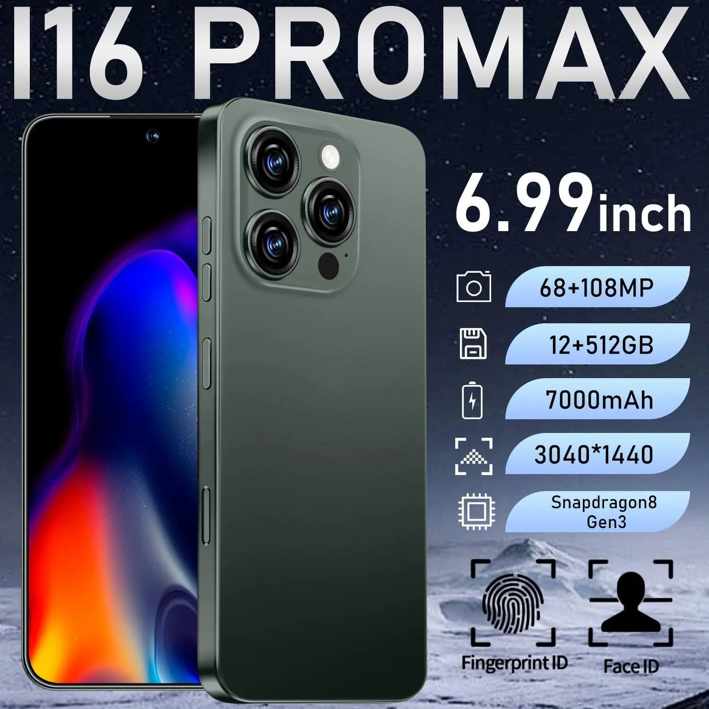I16 PROMAX Unlocked Phone, 6.99inch Cell Phone with Android 13 12GB+512GB 7000mAh Long Battery Life, HD Screen Smartphone with Dual SIM, Fingerprint Lock, Face ID, Photos 5G Phone (Deep Green)