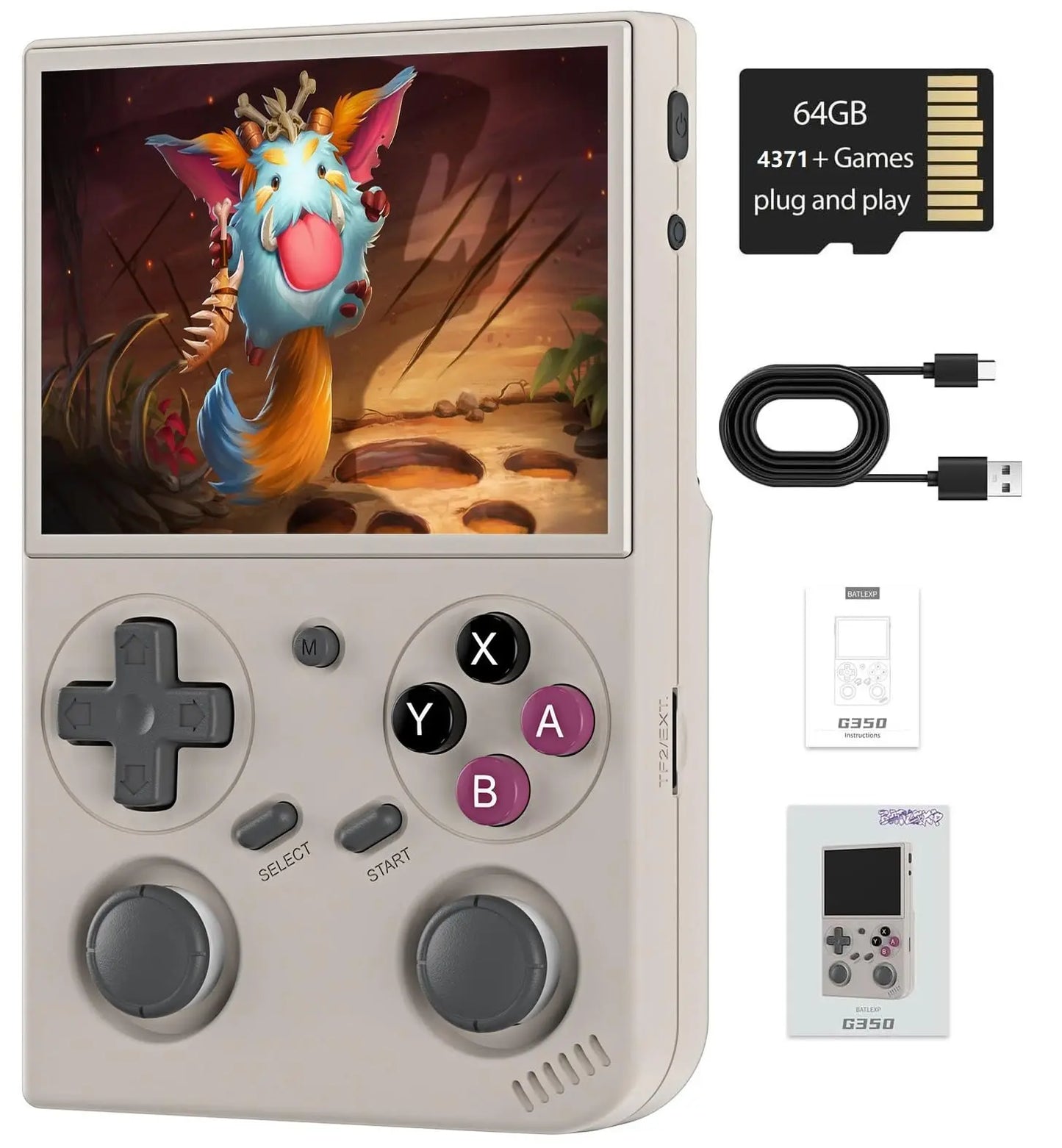 G350 Retro Handheld Game Console , 3.5 Inch IPS Screen Linux System Built-in 64G TF Card 4371 Games Preloaded Game Console 3200mAh Battery(Transparent Black)