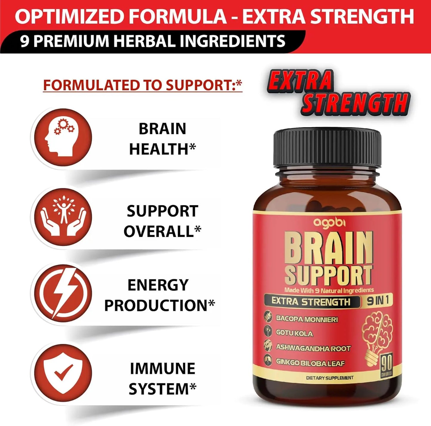 9in1 Brain Support Supplement - Concentrated Ashwagandha Root, Gotu Kola Powder, Bacopa Monnieri Powder and More - 90 Capsules - 3-Month Supply