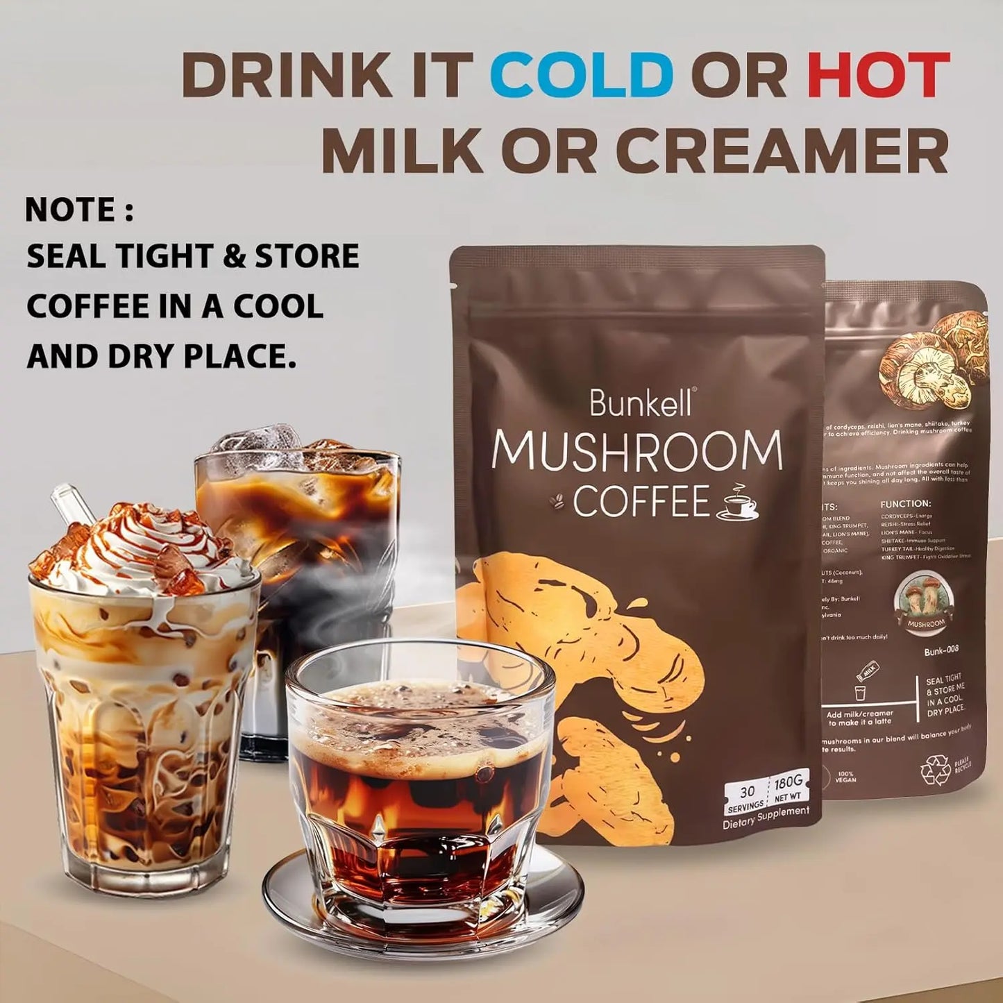 Mushroom Coffee, Organic 6 Mushrooms with Lion's Mane, Reishi, Cordyceps, Shitake, King Trumpet & Turkey Tail, Instant Coffee Powder for Energy, Digestion & Immune Support, 30 Servings 1 Pack