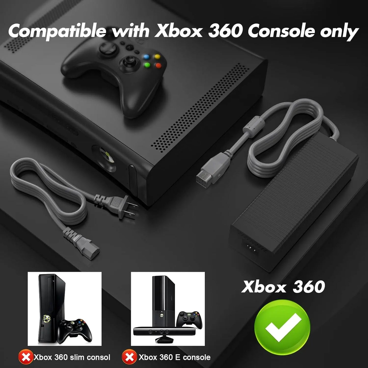 AC Adapter for Xbox 360 Console,203W Power Supply Brick with Cord,Replacement Power Brick for Xbox 360 Console