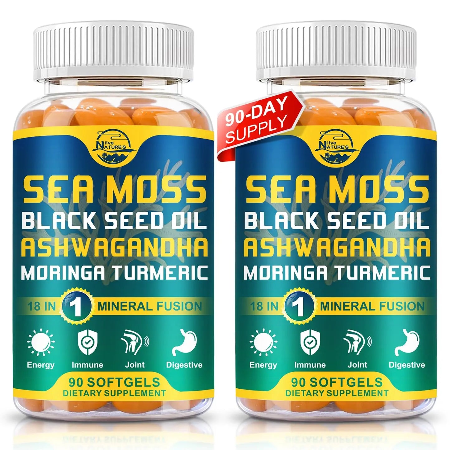 Nature's live Organic Sea Moss Softgels, with Black Seed Oil, Ashwagandha, Bladderwrack, Ginger, Burdock Root, Manuka Honey, Cinnamon for Immune System, Skin, Energy, 90 Softgels, 1 Pack