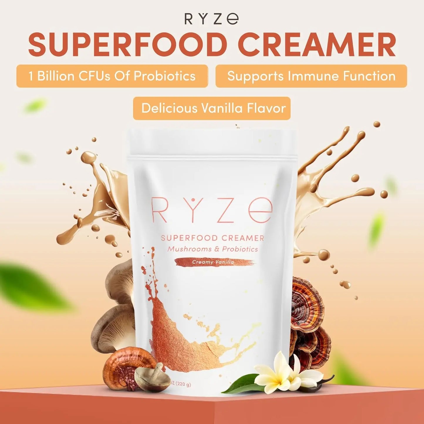 RYZE n Shine Bundle, USDA Organic RYZE Mushroom Coffee + Probiotic Coffee Creamer with 6 Adaptogenic Mushrooms and MCT Oil or Better Energy, Focus, Digestion, Immunity with Turkey Tail, 60 servings