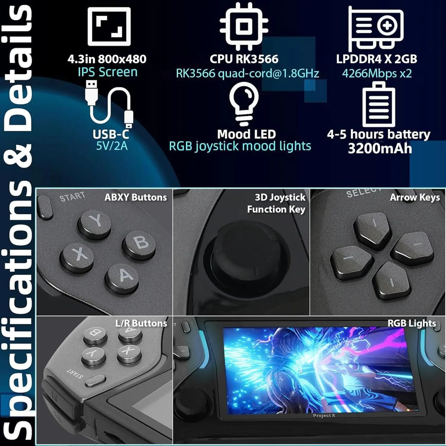 ugtenversi Handheld Retro Game Console Linux System 20+ Emulator 64G TF Card 15000+ game, Portable Retro Game Console 4. 3-inch IPS Screen (Black)