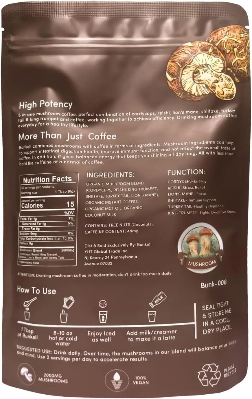 Mushroom Coffee, Organic 6 Mushrooms with Lion's Mane, Reishi, Cordyceps, Shitake, King Trumpet & Turkey Tail, Instant Coffee Powder for Energy, Digestion & Immune Support, 30 Servings 1 Pack