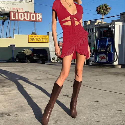 Women's Deep V-Neck Hollow Ruffled Hip Sexy Dress Amazing Hot Prices For You