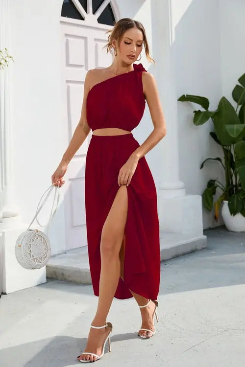 Women's Fashion Oblique Shoulder Bow Knot Suit Slit Swing Dress Two Pi Amazing Hot Prices For You