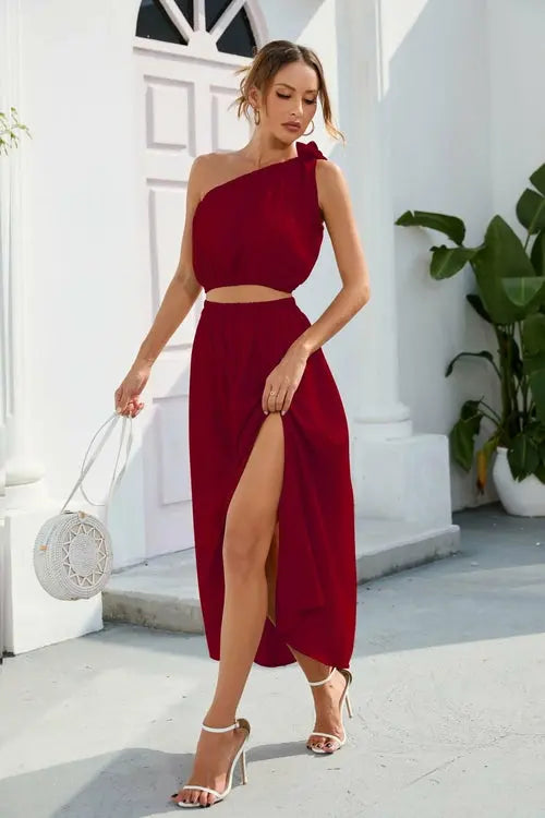 Women's Fashion Oblique Shoulder Bow Knot Suit Slit Swing Dress Two Pi Amazing Hot Prices For You
