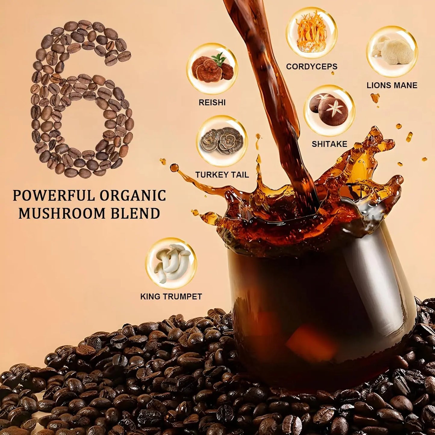 Mushroom Coffee, Organic 6 Mushrooms with Lion's Mane, Reishi, Cordyceps, Shitake, King Trumpet & Turkey Tail, Instant Coffee Powder for Energy, Digestion & Immune Support, 30 Servings 1 Pack
