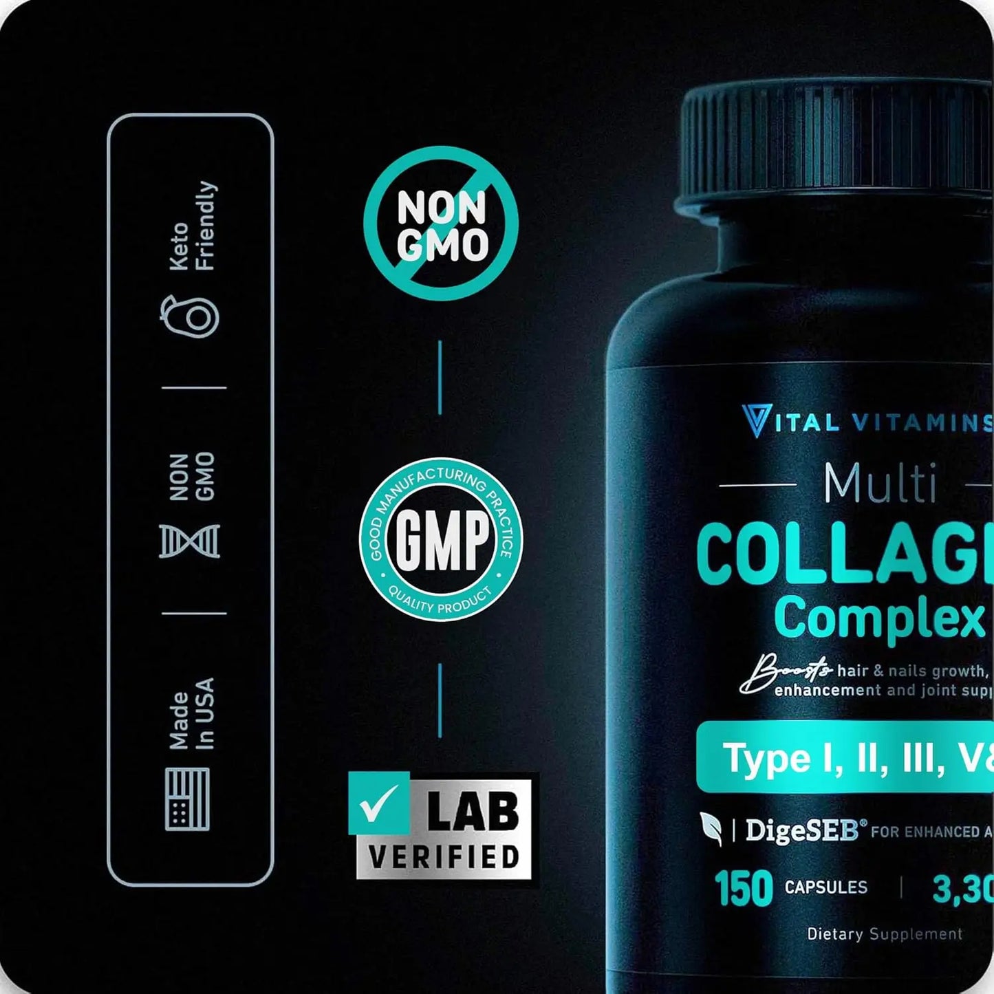 Vital Vitamins Multi Collagen Pills for Women & Men (2-Pack) - Hydrolyzed Collagen Peptides - Type I, II, III, V, X - Grass Fed, Non-GMO