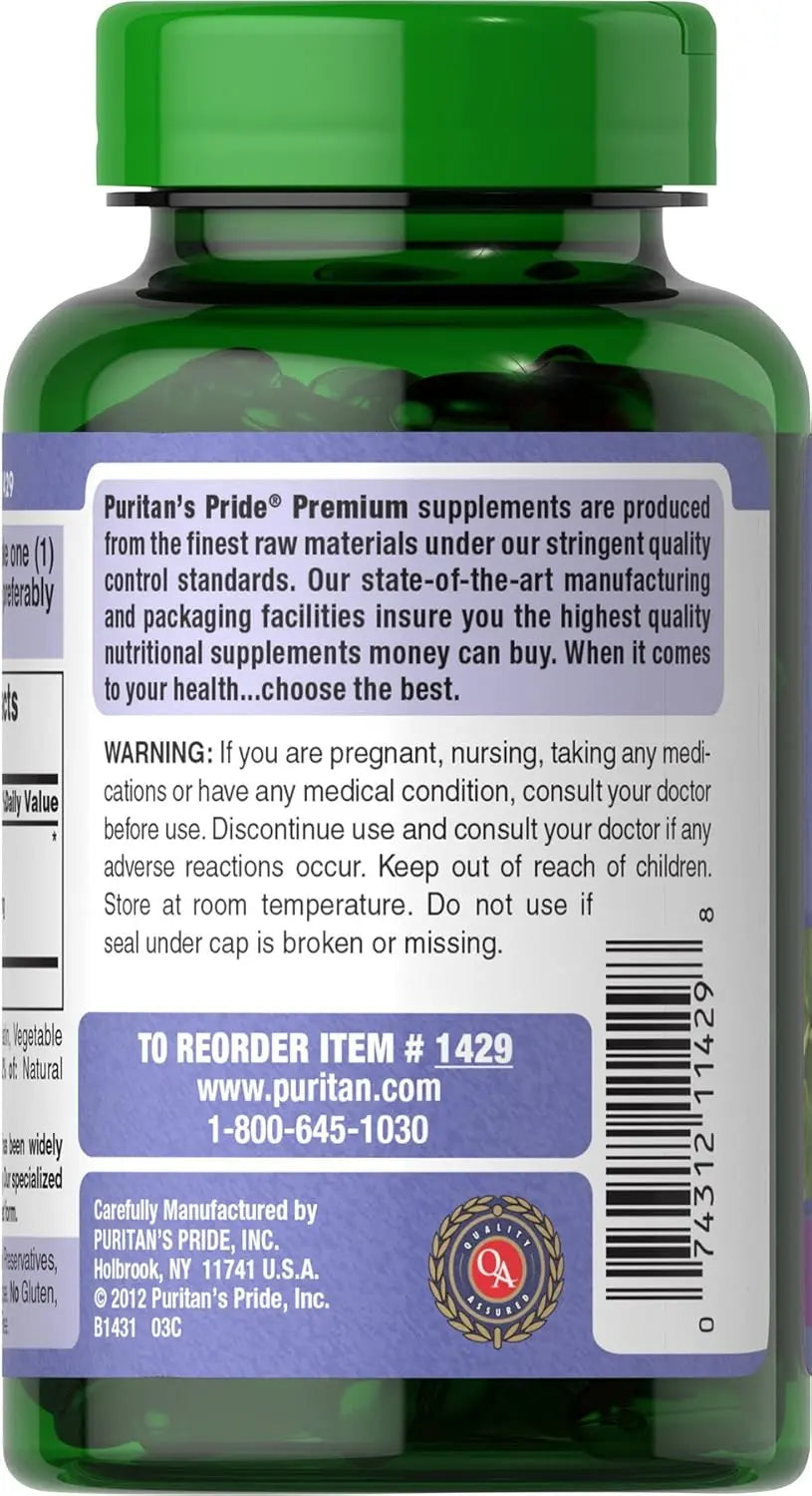 Puritan's Pride Premium Bilberry Fruit Extract 250 mg (1000mg Equivalent), 4:1 Concentrated Herbal Supplement, Vitamin C, 3 to 6 Month Supply, 180 Rapid Release Softgels, Packaging May Vary