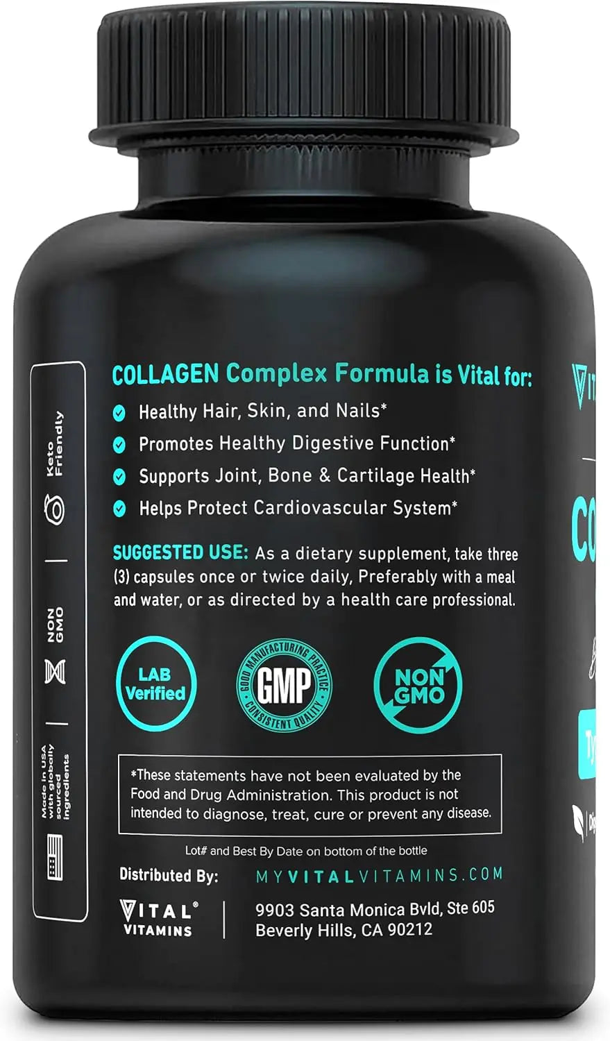 Vital Vitamins Multi Collagen Pills for Women & Men (2-Pack) - Hydrolyzed Collagen Peptides - Type I, II, III, V, X - Grass Fed, Non-GMO