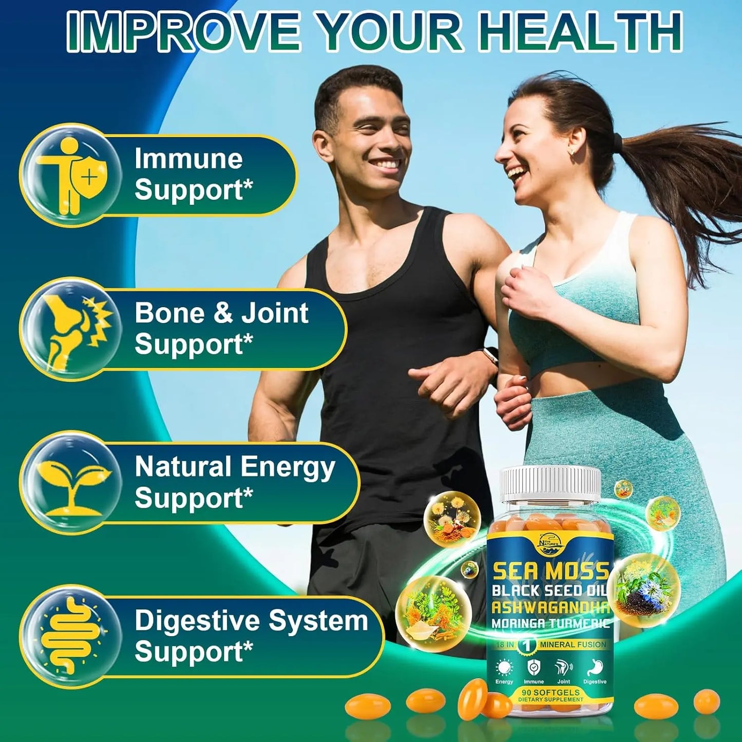 Nature's live Organic Sea Moss Softgels, with Black Seed Oil, Ashwagandha, Bladderwrack, Ginger, Burdock Root, Manuka Honey, Cinnamon for Immune System, Skin, Energy, 90 Softgels, 1 Pack