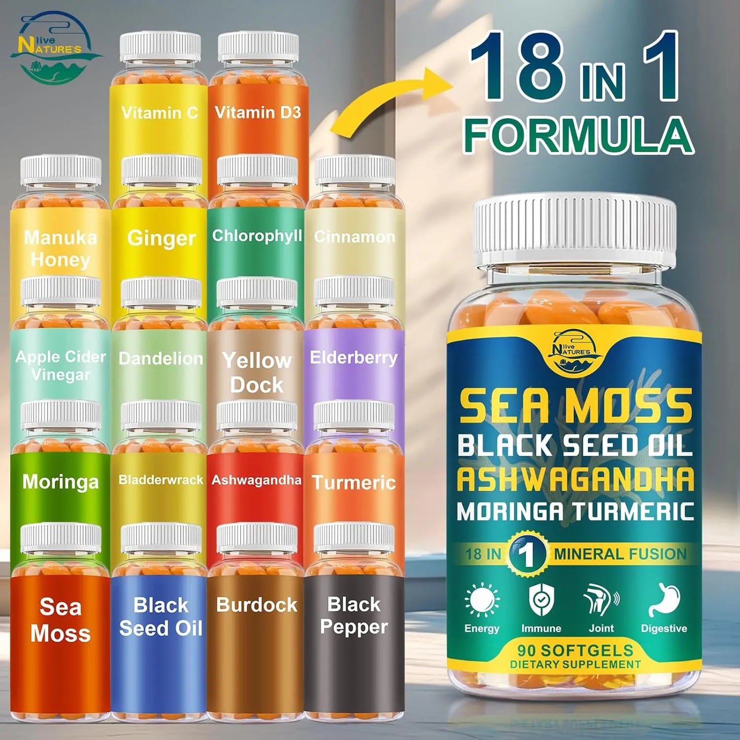 Nature's live Organic Sea Moss Softgels, with Black Seed Oil, Ashwagandha, Bladderwrack, Ginger, Burdock Root, Manuka Honey, Cinnamon for Immune System, Skin, Energy, 90 Softgels, 1 Pack