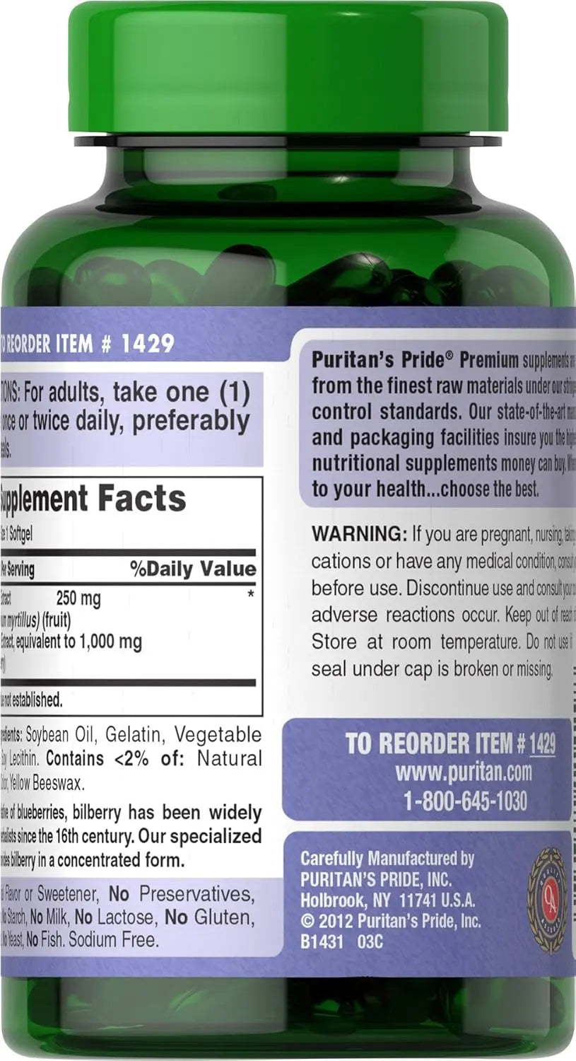 Puritan's Pride Premium Bilberry Fruit Extract 250 mg (1000mg Equivalent), 4:1 Concentrated Herbal Supplement, Vitamin C, 3 to 6 Month Supply, 180 Rapid Release Softgels, Packaging May Vary