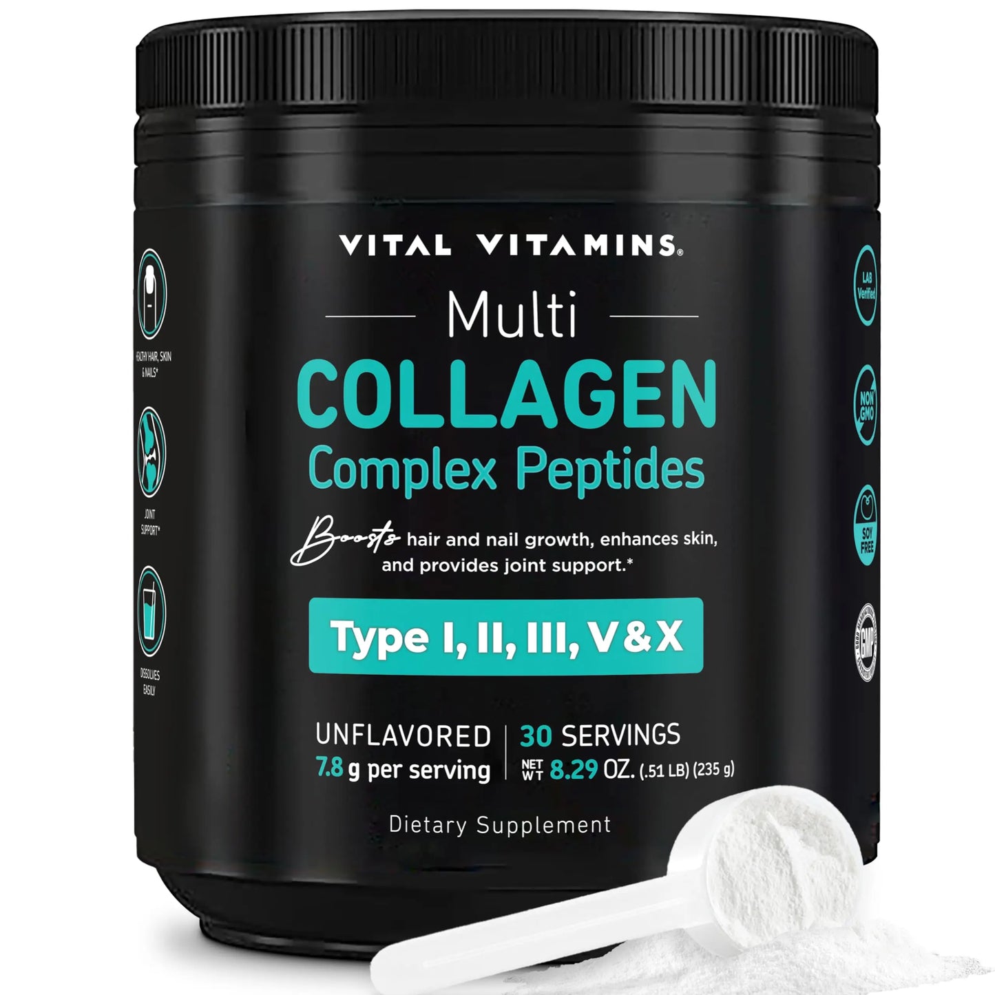 Vital Vitamins Multi Collagen Pills for Women & Men (2-Pack) - Hydrolyzed Collagen Peptides - Type I, II, III, V, X - Grass Fed, Non-GMO