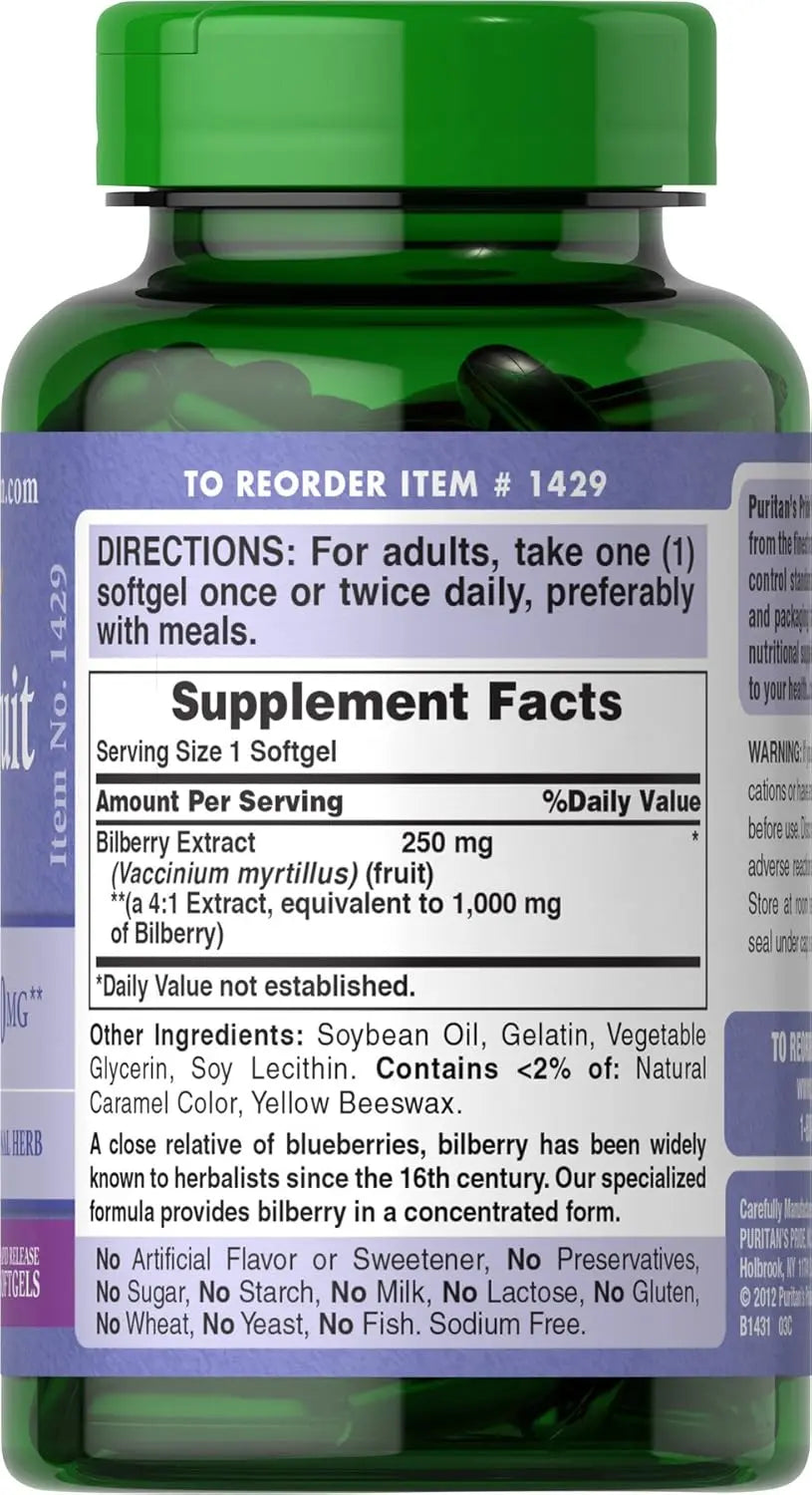 Puritan's Pride Premium Bilberry Fruit Extract 250 mg (1000mg Equivalent), 4:1 Concentrated Herbal Supplement, Vitamin C, 3 to 6 Month Supply, 180 Rapid Release Softgels, Packaging May Vary