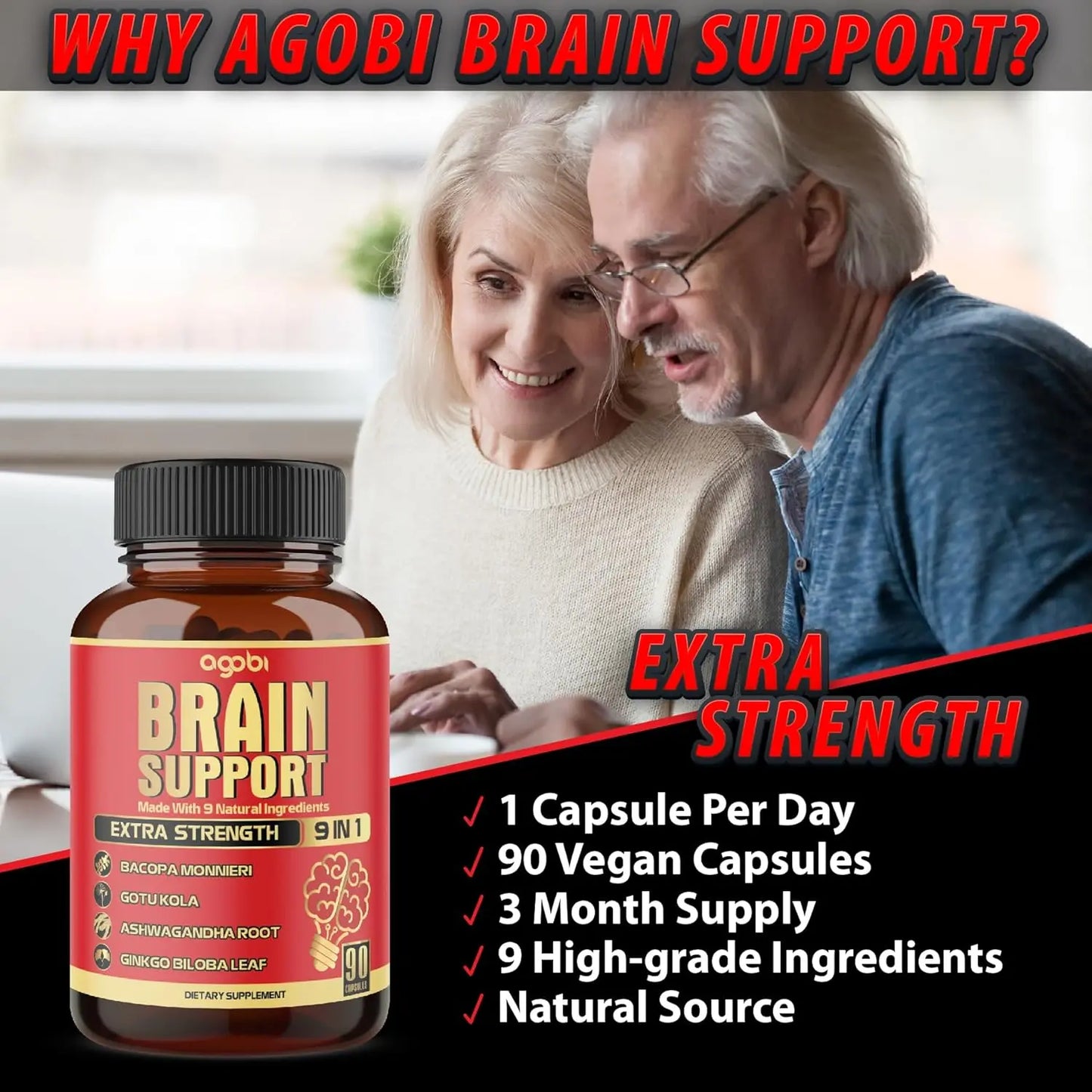 9in1 Brain Support Supplement - Concentrated Ashwagandha Root, Gotu Kola Powder, Bacopa Monnieri Powder and More - 90 Capsules - 3-Month Supply