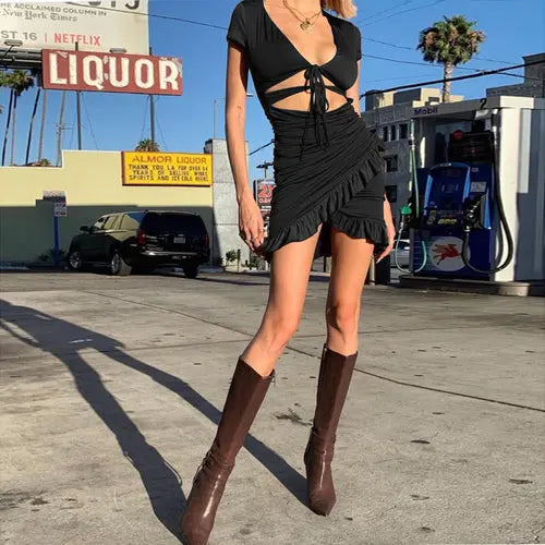 Women's Deep V-Neck Hollow Ruffled Hip Sexy Dress Amazing Hot Prices For You