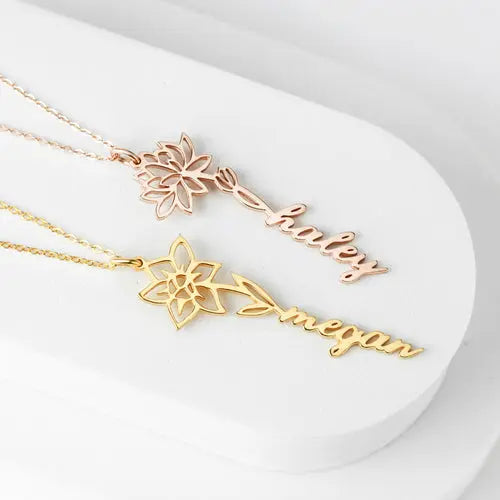 Birth Flower Name Necklace, Custom Name Jewelry, Floral Name Necklace Amazing Hot Prices For You
