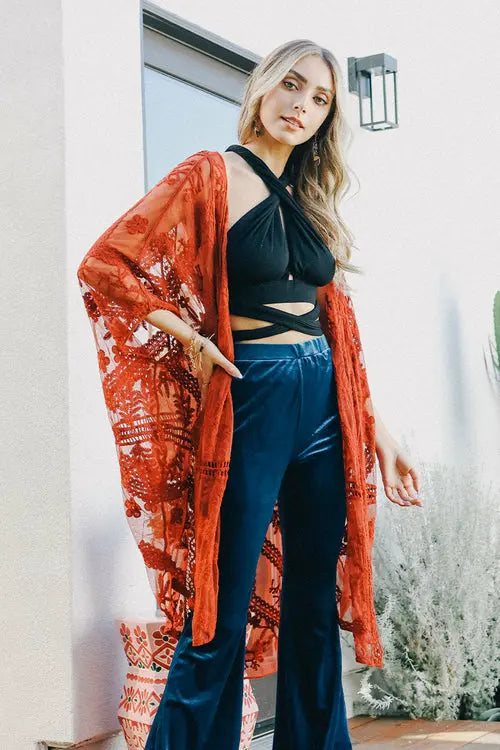 Embroidered Mesh Leaf Kimono Amazing Hot Prices For You