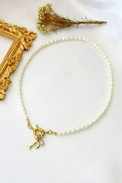 24 Karats Custom Initial Freshwater Pearls Front Opening Choker Amazing Hot Prices For You