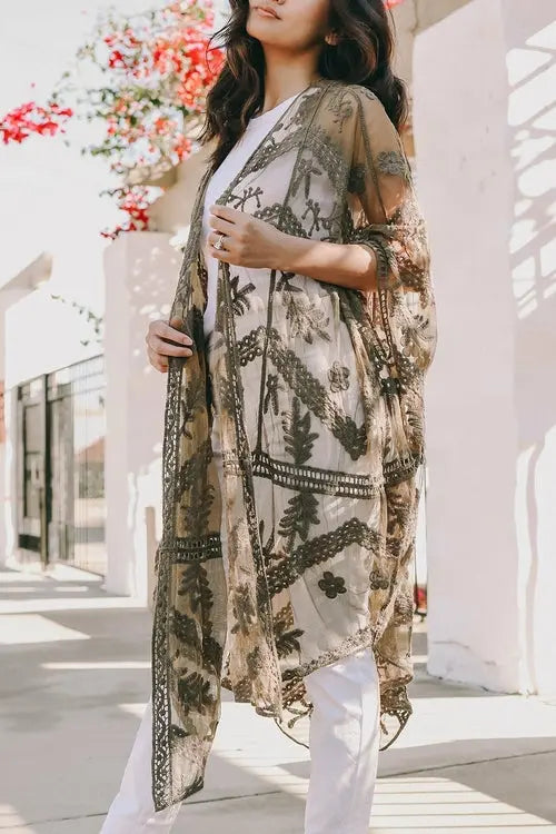 Embroidered Mesh Leaf Kimono Amazing Hot Prices For You