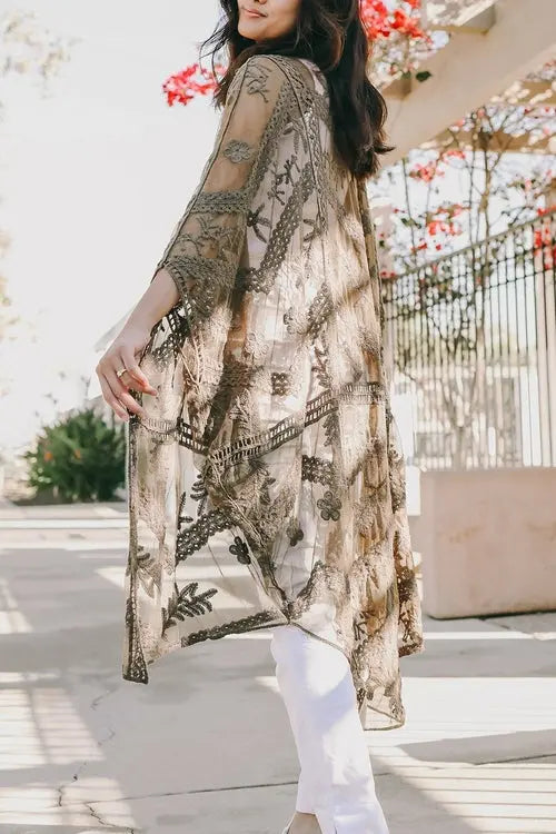 Embroidered Mesh Leaf Kimono Amazing Hot Prices For You