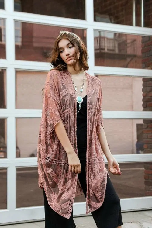 Embroidered Mesh Leaf Kimono Amazing Hot Prices For You