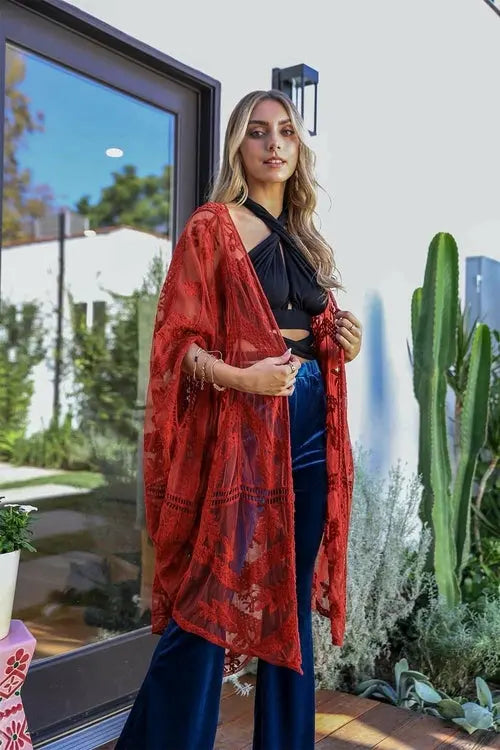 Embroidered Mesh Leaf Kimono Amazing Hot Prices For You