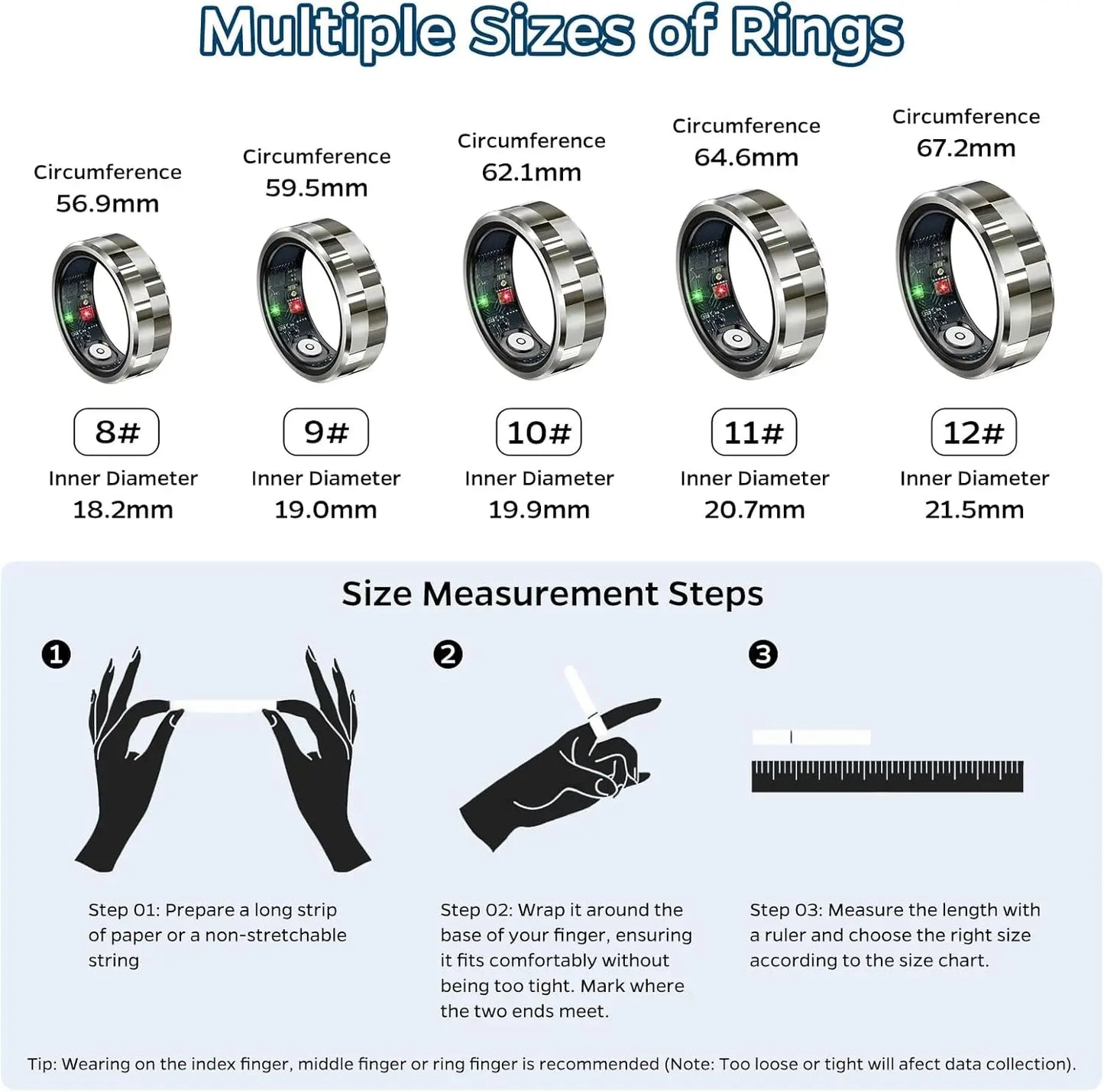 Smart Ring Health Tracker, Sleep Tracker Ring with Heart Rate, Waterproof Fitness Ring for Activity Monitoring/Steps/Distance/Calories,Air Gestures,Up to 7Day Battery,For Ios Android(Stylish Silver#8)