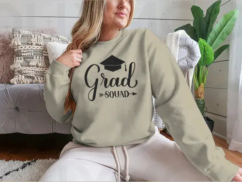 Grad Squad Calligraphy With Graduation Cap Design for Sweatshirt Amazing Hot Prices For You