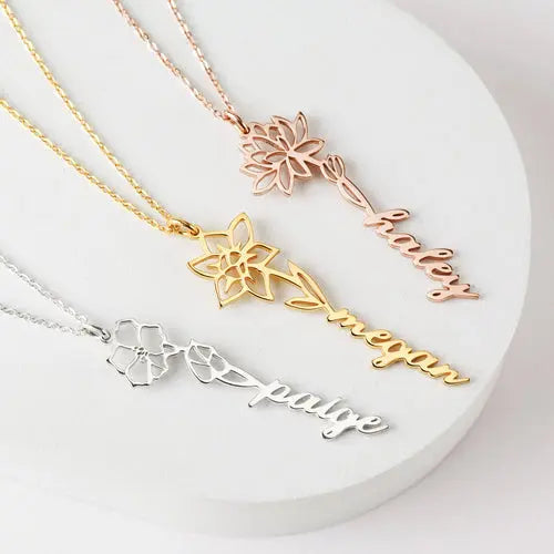 Birth Flower Name Necklace, Custom Name Jewelry, Floral Name Necklace Amazing Hot Prices For You