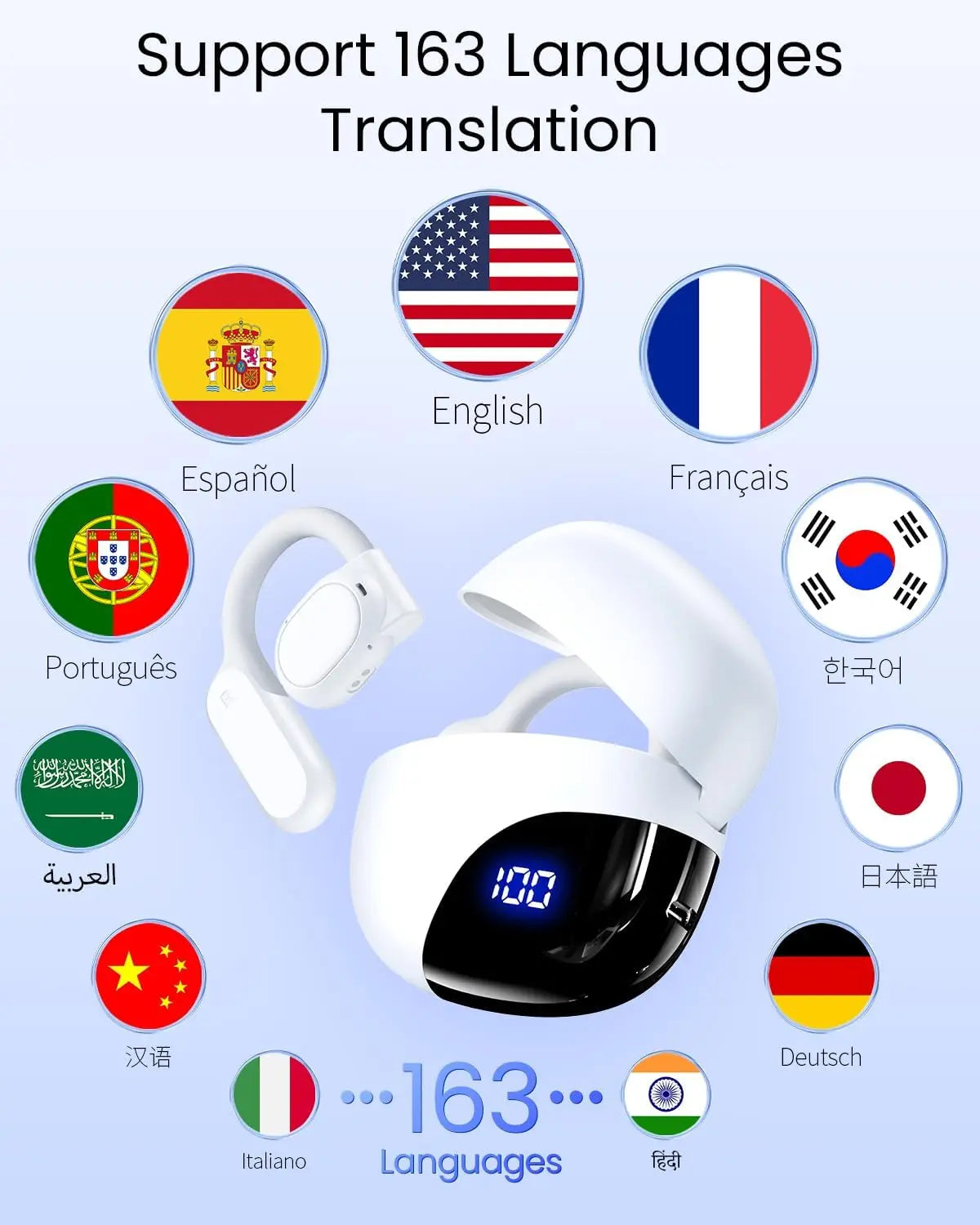 AI Translation Earbuds Real Time 163 Languages 80H Playtime Translator Ear Buds Audifonos Traductores Inglés Español Wireless Earphones Bluetooth Headphones for Travel Business Meeting Learning White