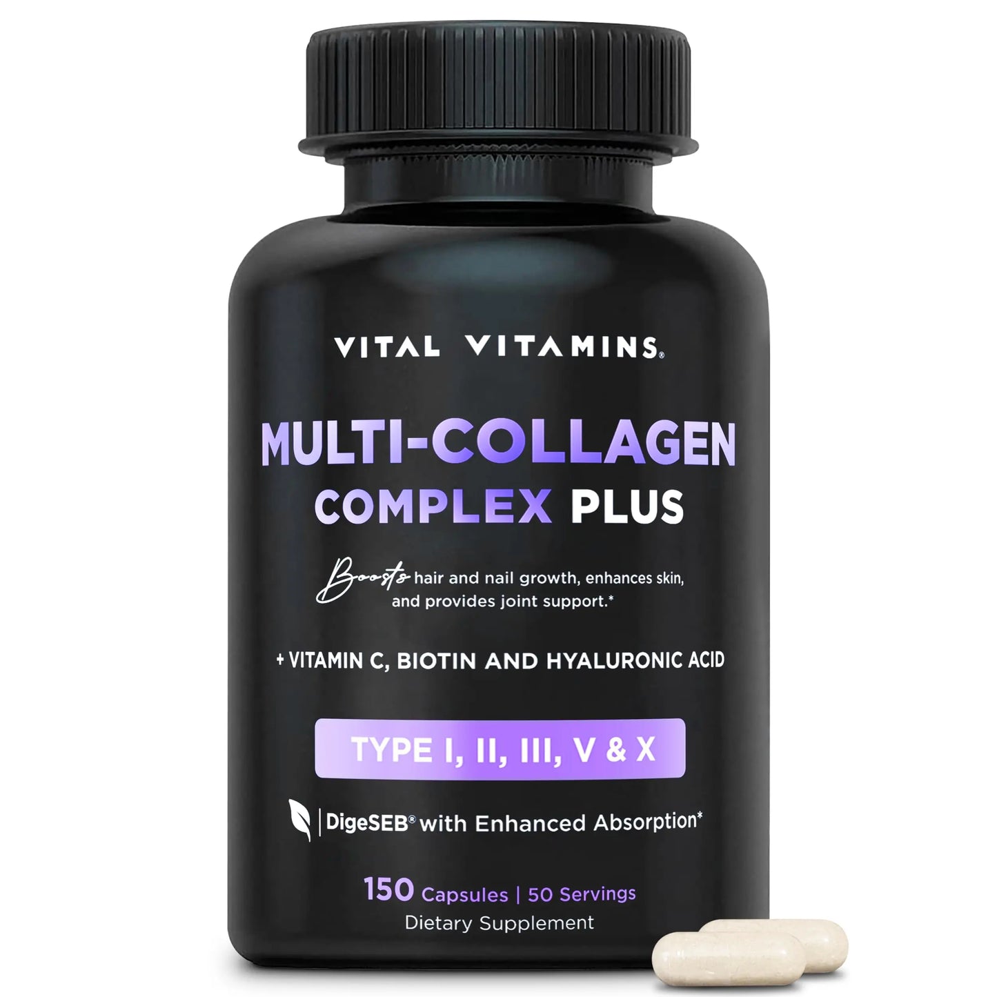 Vital Vitamins Multi Collagen Pills for Women & Men (2-Pack) - Hydrolyzed Collagen Peptides - Type I, II, III, V, X - Grass Fed, Non-GMO